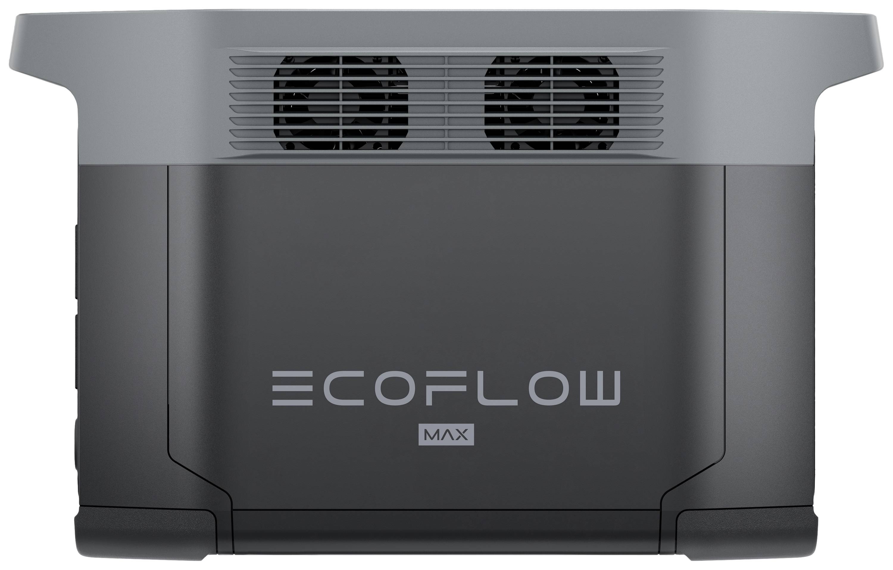 Stazione di energia portatile in nero e grigio con due fessure di ventilazione in alto e il logo 'ECOFLOW MAX' sul lato frontale.