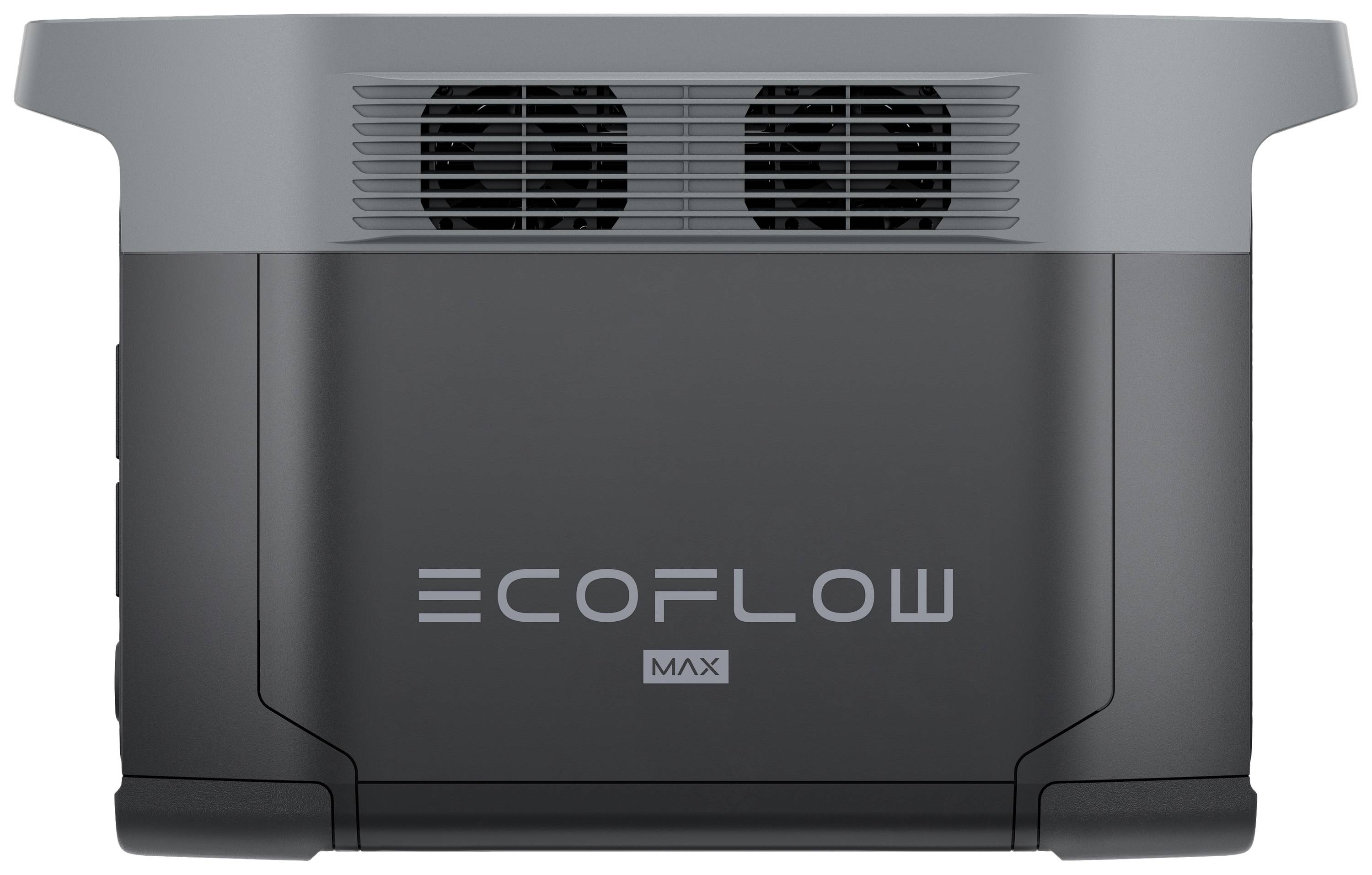 Stazione di ricarica portatile EcoFlow in grigio con due ventole e scritta 'ECOFLOW MAX'.