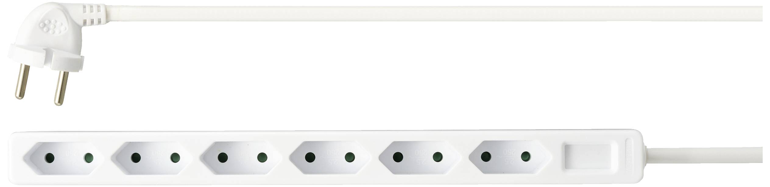 Multipresa a sei prese con cavo bianco, adatta per diversi dispositivi elettronici. Cavo con spina angolata.