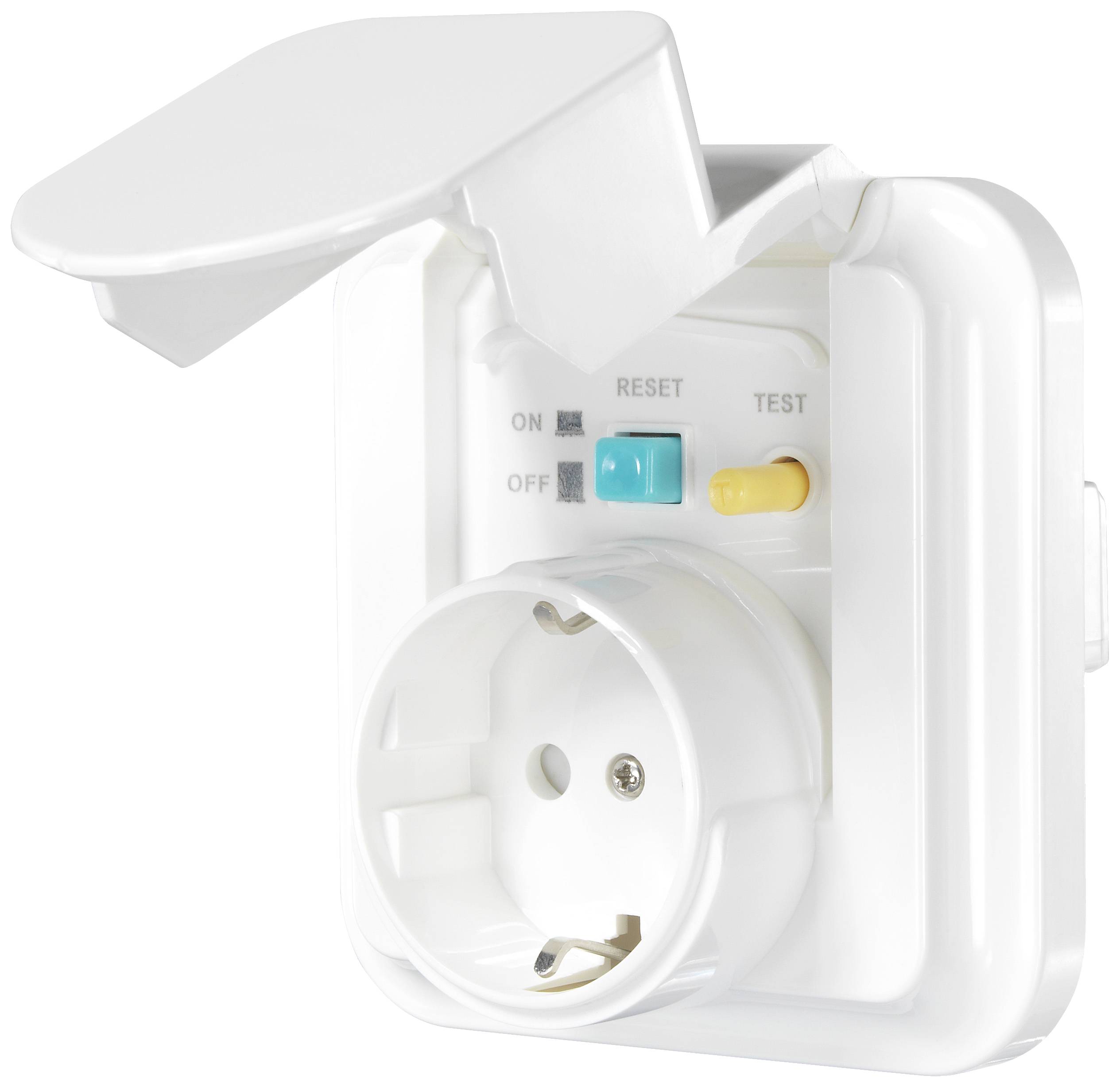 Spina Schuko bianca con coperchio di protezione, pulsante di reset e test. Presa per dispositivi elettronici che offre protezione aggiuntiva.
