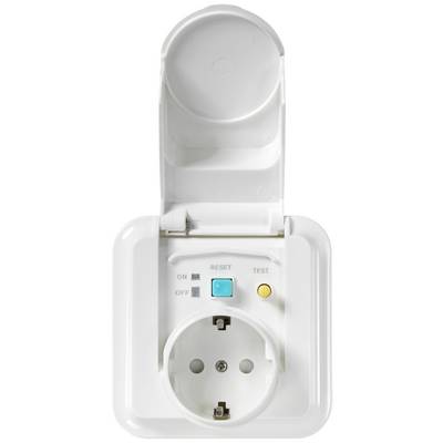 Una presa elettrica bianca con coperchio di protezione aperto e interruttori per 'ON', 'OFF', 'RESET' e 'TEST'. Contiene un alloggiamento per spinotto.