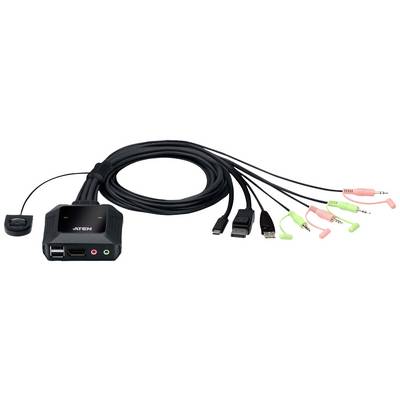 Un interruttore KVM con più cavi e porte, tra cui HDMI, USB, audio e microfono. Serve a collegare più dispositivi a un unico monitor.
