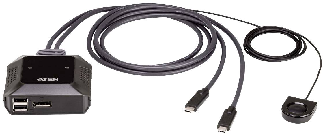 Un KVM switch con due porte USB-C, una porta HDMI e un interruttore rotondo per il controllo dello schermo.