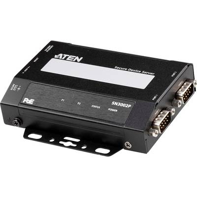 Server Schwarzer Secure Device con due porte seriali sul lato destro, con indicatori di stato e di alimentazione 'ATEN SN3002P'.