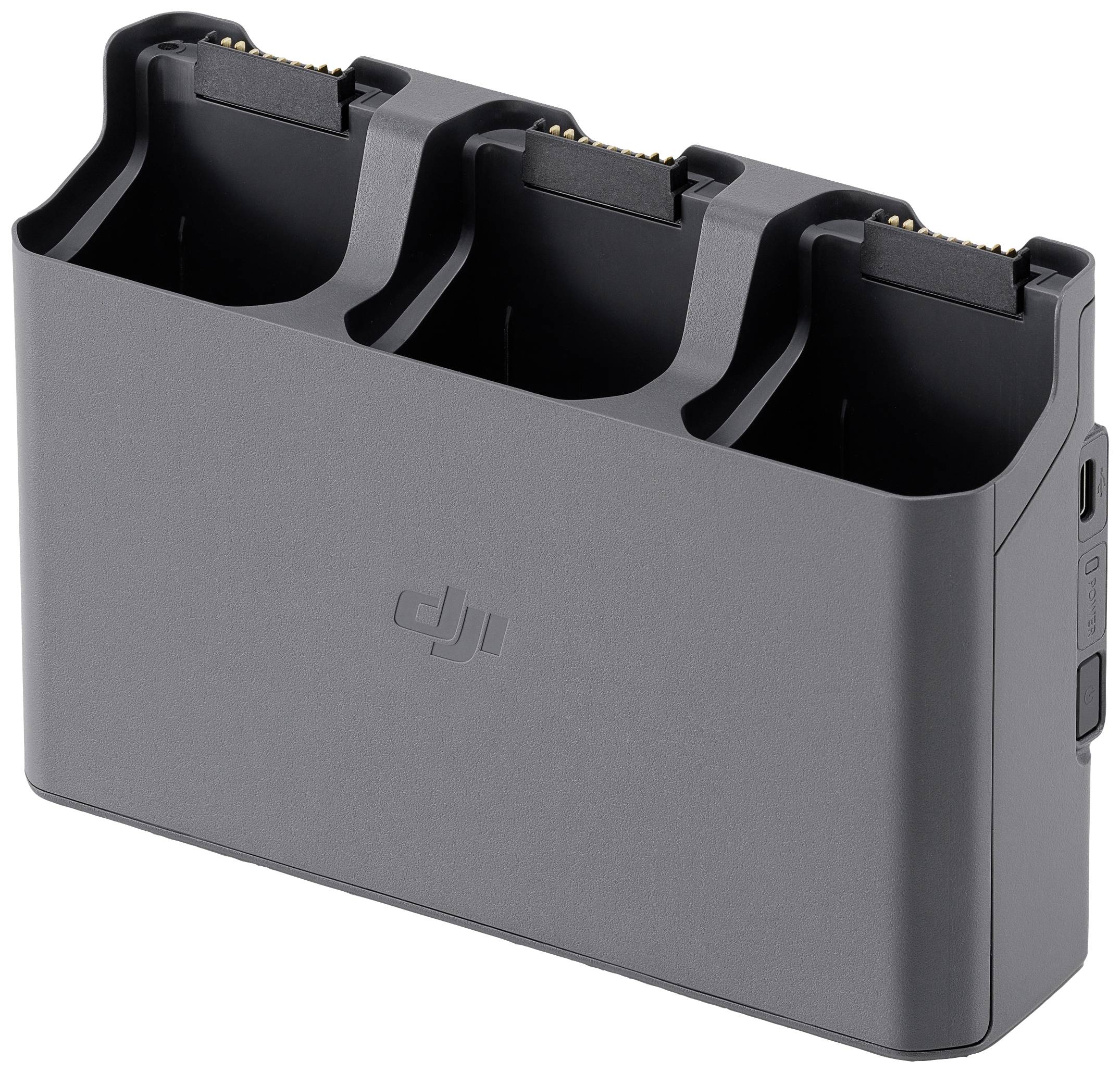 'Caricabatterie a tre slot per batterie di droni DJI, con design compatto nero e connettore di ricarica laterale.'
