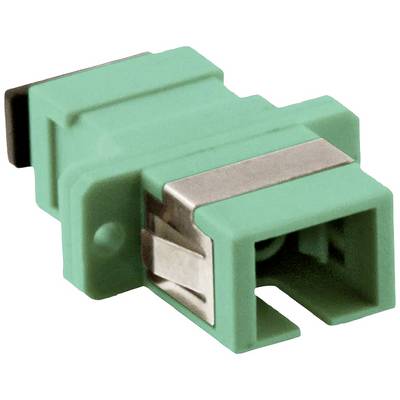 Un adattatore LWL-SC-LC verde in plastica con clip metalliche, utilizzato per connettere cavi in fibra ottica nell'hardware di rete.