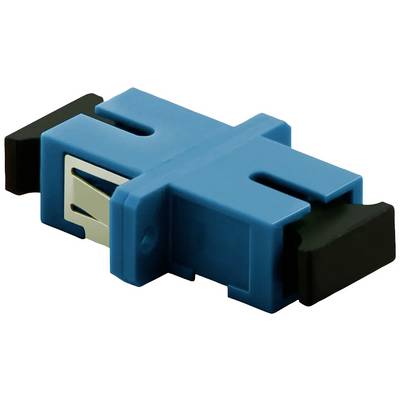 Un adattatore LC-LWL blu con due aperture e cappucci terminali neri per il collegamento di cavi in fibra ottica.