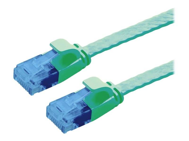 Due cavi di rete blu con connettori verdi sono posizionati l'uno accanto all'altro. Vengono comunemente utilizzati per collegare computer a una rete.