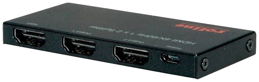 Un divisore HDMI nero con tre porte HDMI sul lato frontale e un'altra porta, nonché una presa di alimentazione sul lato.