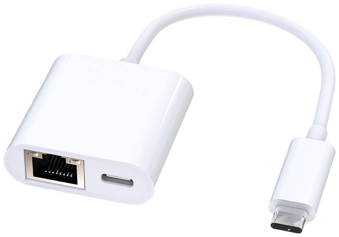 Un adattatore bianco USB-C con una porta Ethernet e una porta USB, utilizzato per collegare un laptop alle reti.