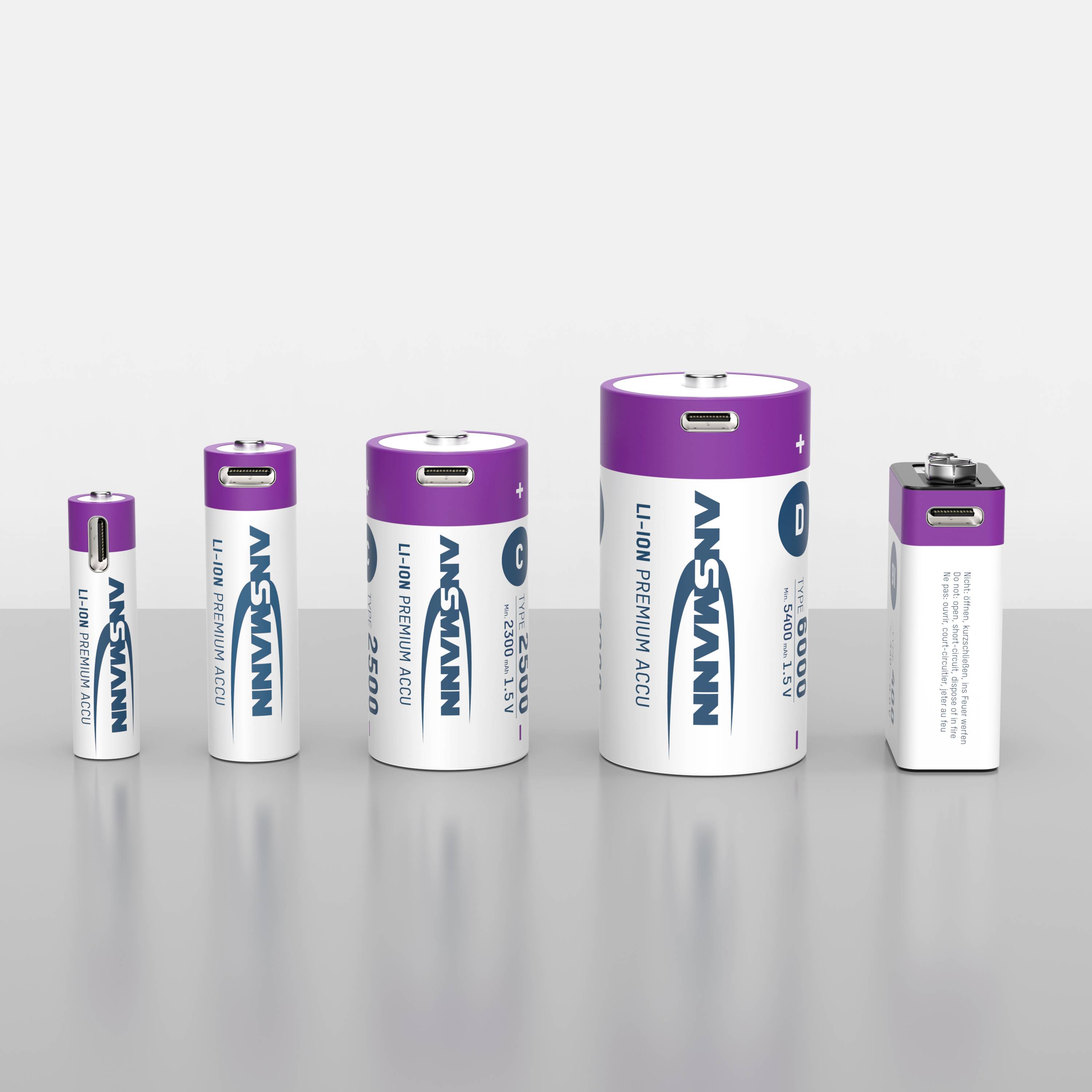 Cinque batterie di dimensioni diverse, ordinate dalla più piccola alla più grande. Il nome del marchio 'Ansmann' è visibile. Lo sfondo è neutro.