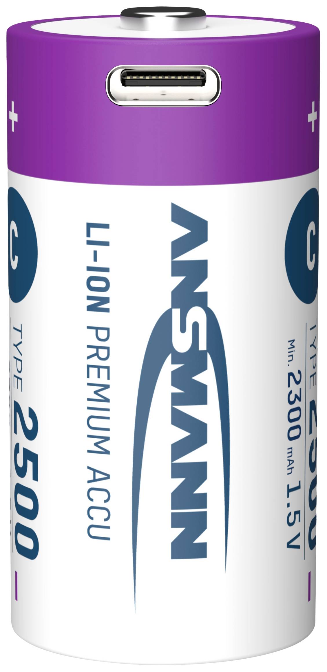 Un accumulatore cilindrico con connettore USB in alto, stampato in viola e bianco con 'LI-ION PREMIUM ACCU', tipo C, 2500 mAh, 1,5 V.