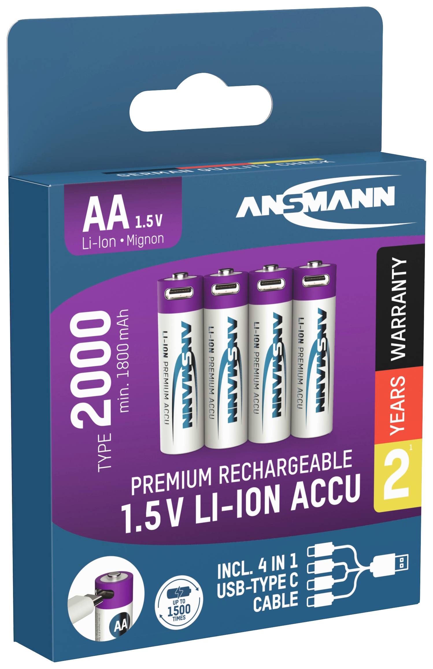 Confezione con quattro batterie ricaricabili AA, Li-Ion 1,5V, 2000 mWh, del marchio ANSMANN. Include cavo USB-Tipo C 4-in-1.