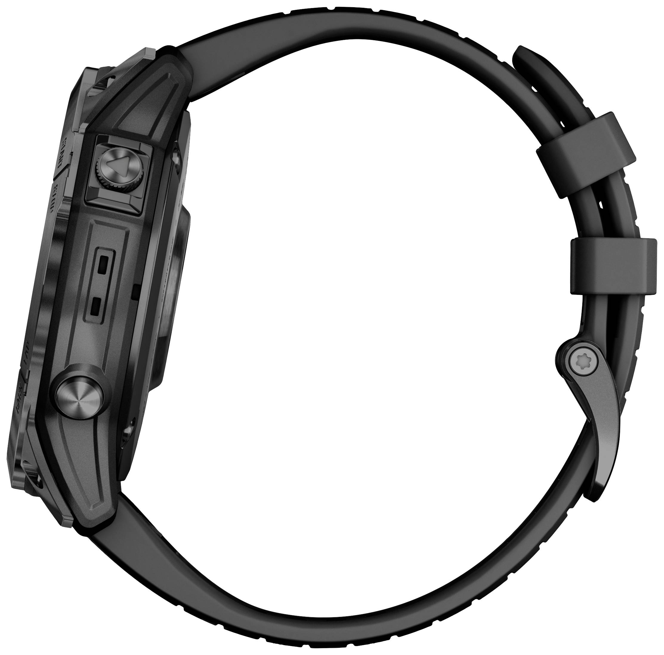 Profilo laterale di un orologio sportivo digitale nero con design robusto e diversi pulsanti; focus sulla molteplicità di funzioni.