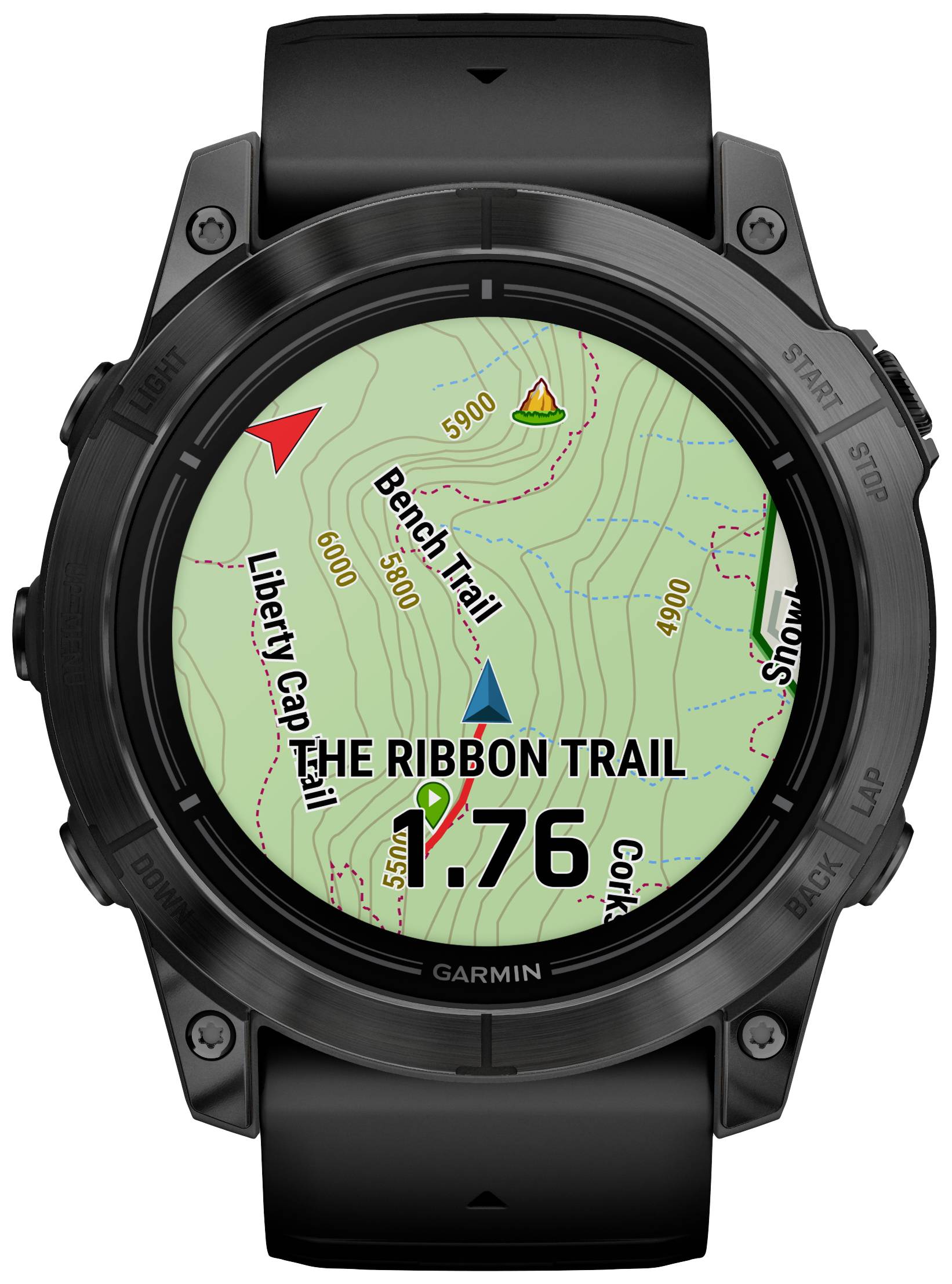 Un smartwatch mostra una mappa topografica con il sentiero escursionistico 'The Ribbon Trail' e le linee di livello. Distanza: 1,76 km.