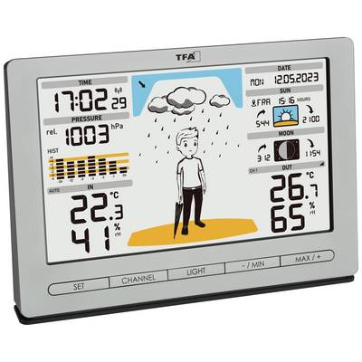 Dispositivo meteorologico digitale con display di ora, data, temperatura, umidità, pressione atmosferica e previsioni meteo. Un fumetto mostra la pioggia.
