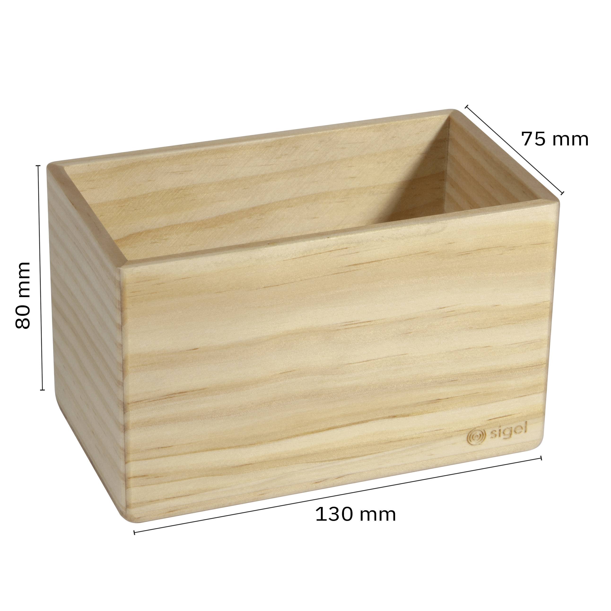 Scatola rettangolare in legno delle dimensioni 130 mm x 80 mm x 75 mm.