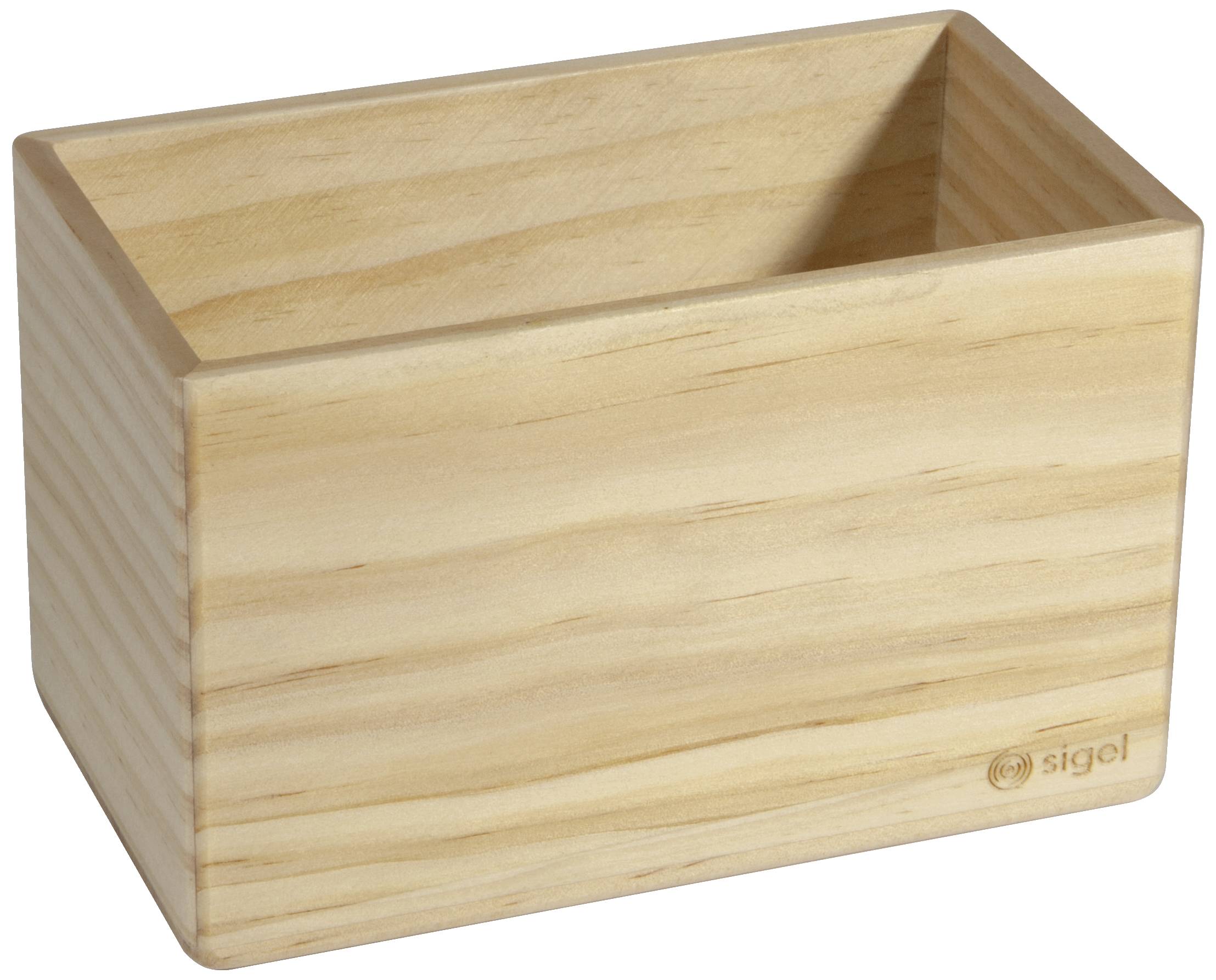 Contenitore rettangolare in legno naturale con coperchio aperto, adatto per conservare penne o piccoli articoli da ufficio.