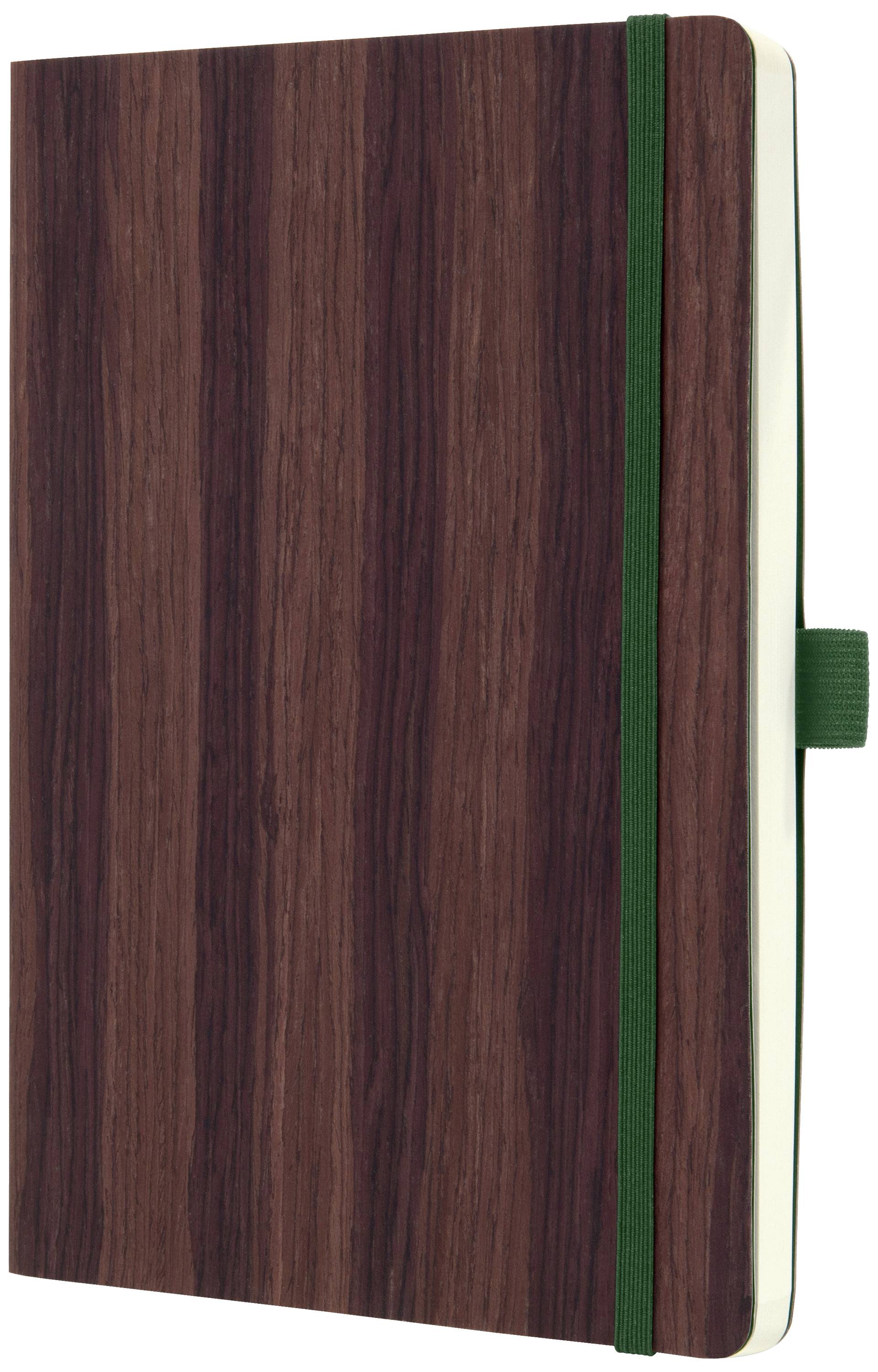 Quaderno con design effetto legno marrone e nastro di chiusura verde, vista verticale.