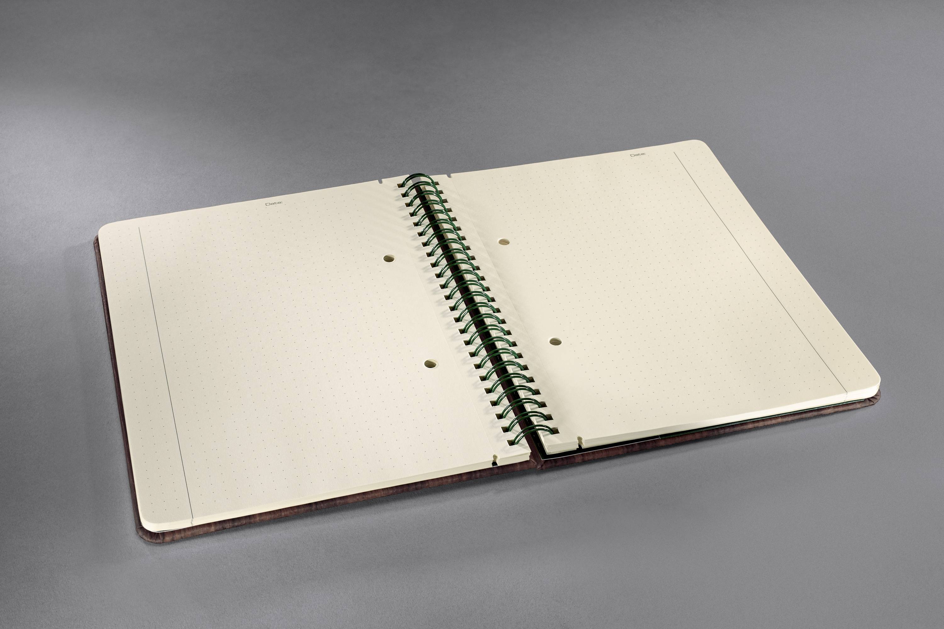 Un quaderno aperto e vuoto con rilegatura a spirale su sfondo grigio.