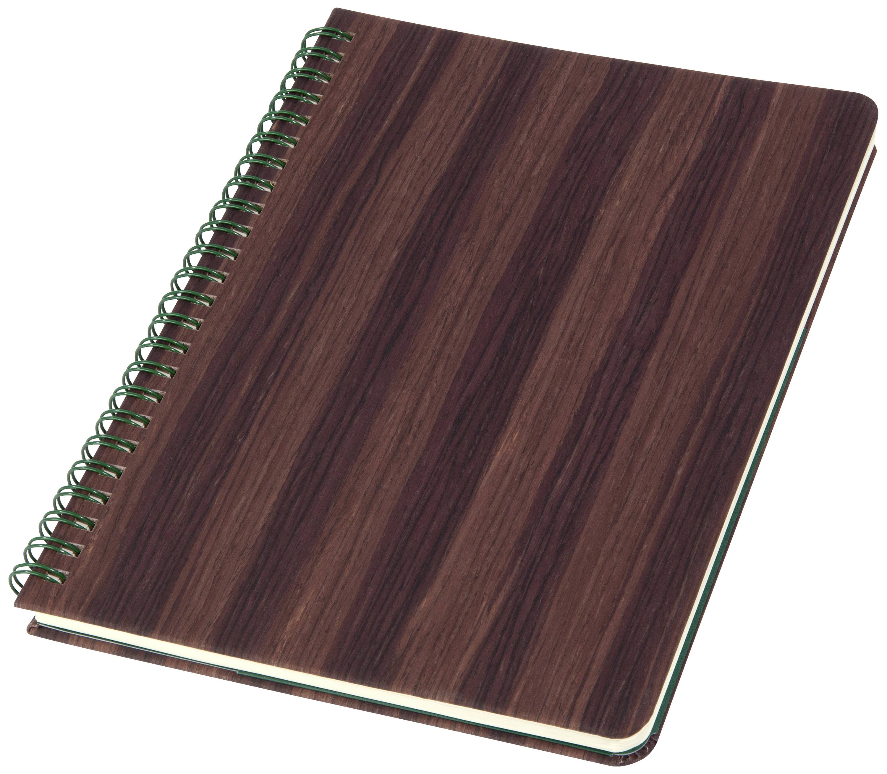 Un taccuino marrone a spirale con venature di legno.