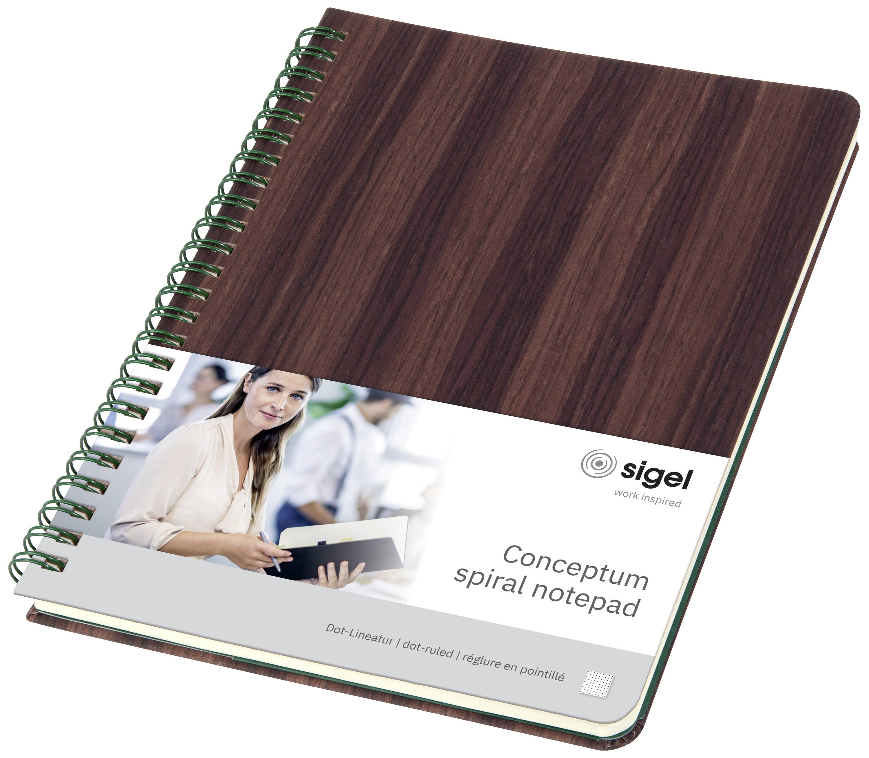 Blocco note 'Conceptum' con effetto legno, rilegatura a spirale e immagine di una donna che tiene in mano un quaderno.