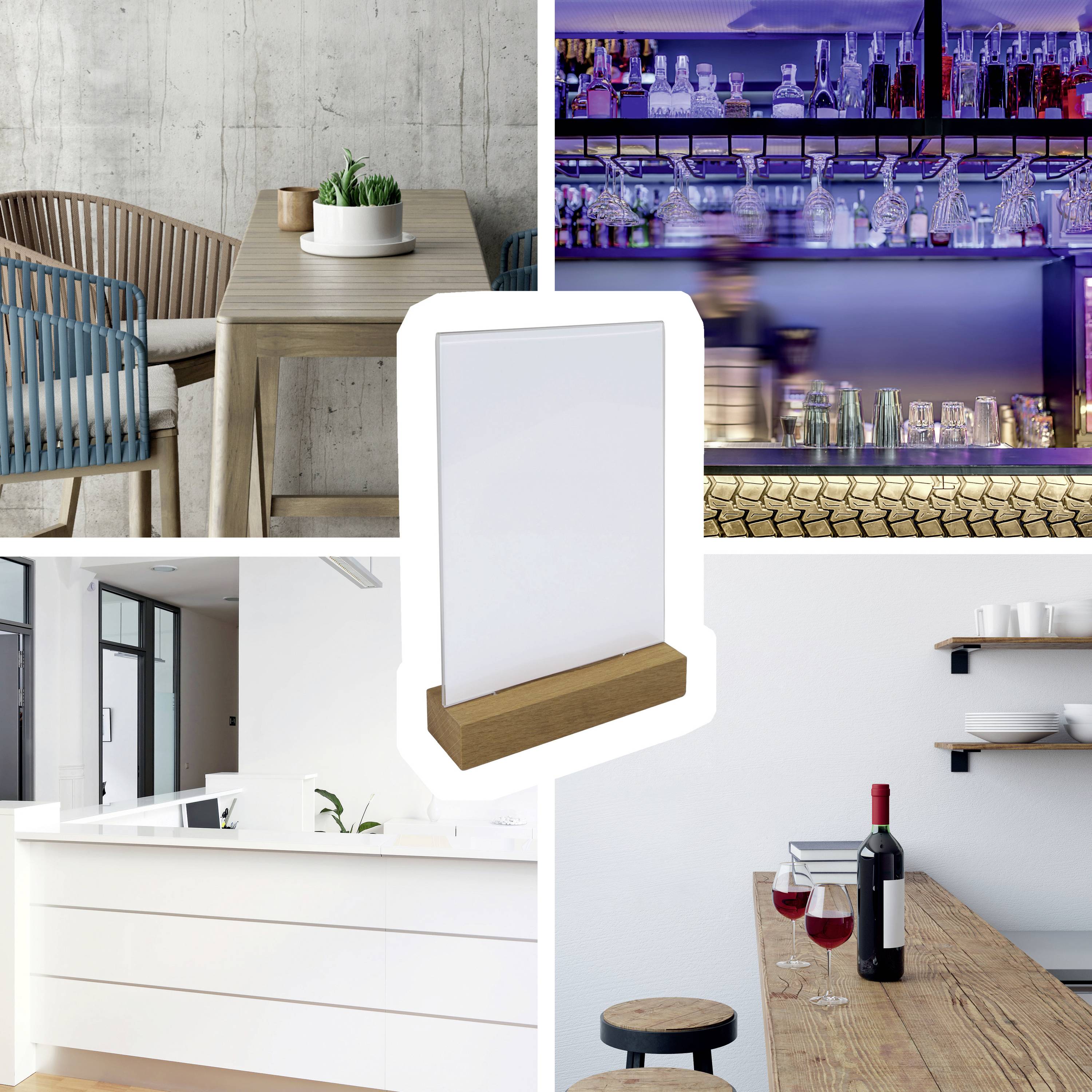 Interni moderni con design minimalisti; sala da pranzo con tavolo in legno, bar con bottiglie, cucina open space, vino sul tavolo.