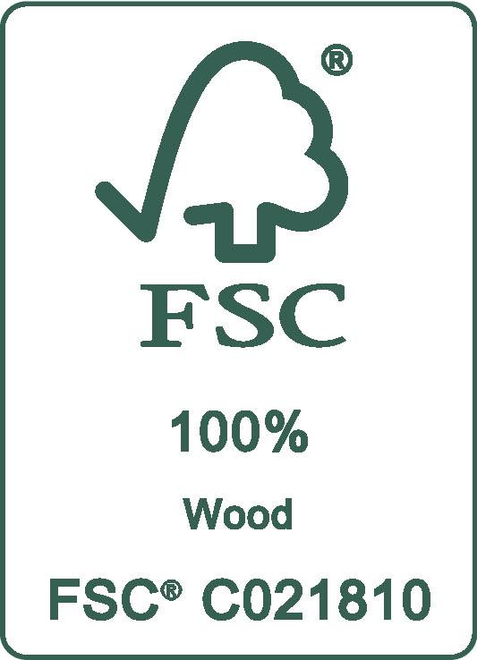 Marchio FSC per il 100% legno, identifica prodotti provenienti da foreste gestite in modo responsabile, con il numero FSC® C021810.