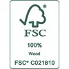 Logo FSC con simbolo dell'albero, testo '100% Legno', codice di registrazione 'FSC C021810'. Certificazione per la gestione forestale sostenibile.