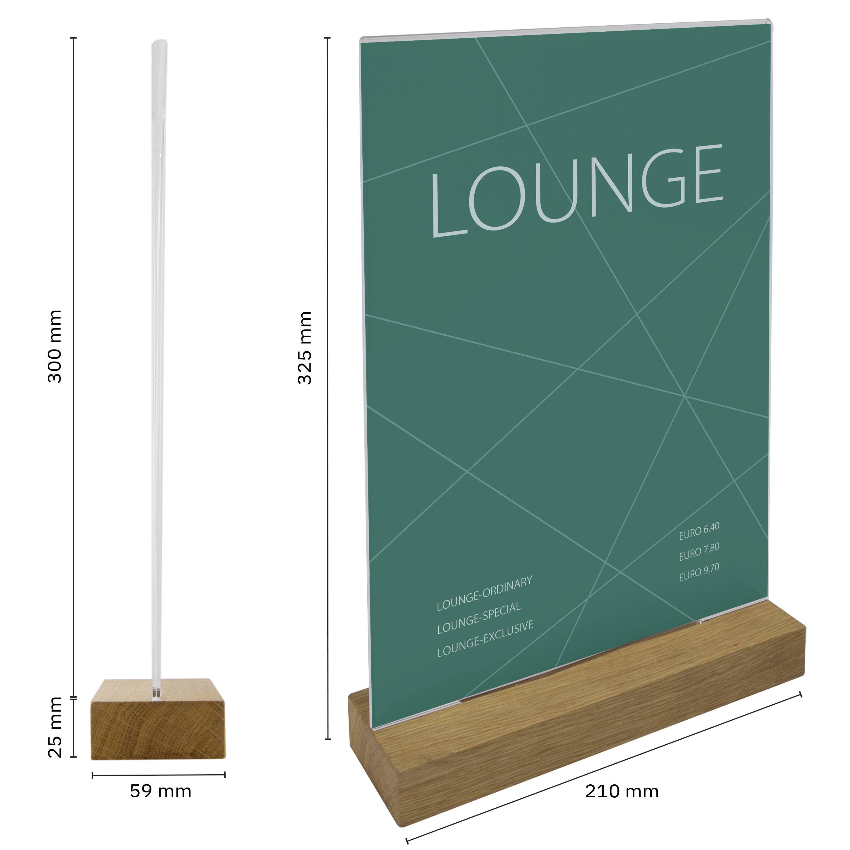 Cavalletto da tavolo con base in legno, insegna verde e scritta bianca 'LOUNGE', dimensioni: 325x210 mm. Listino prezzi a lato.