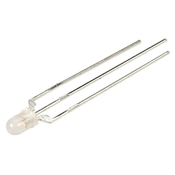 Un singolo LED con due lunghi terminali metallici, idoneo all'utilizzo in dispositivi elettronici.