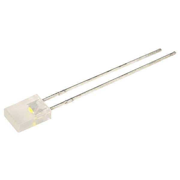 Un LED giallo con involucro rettangolare e due fili di connessione metallici.