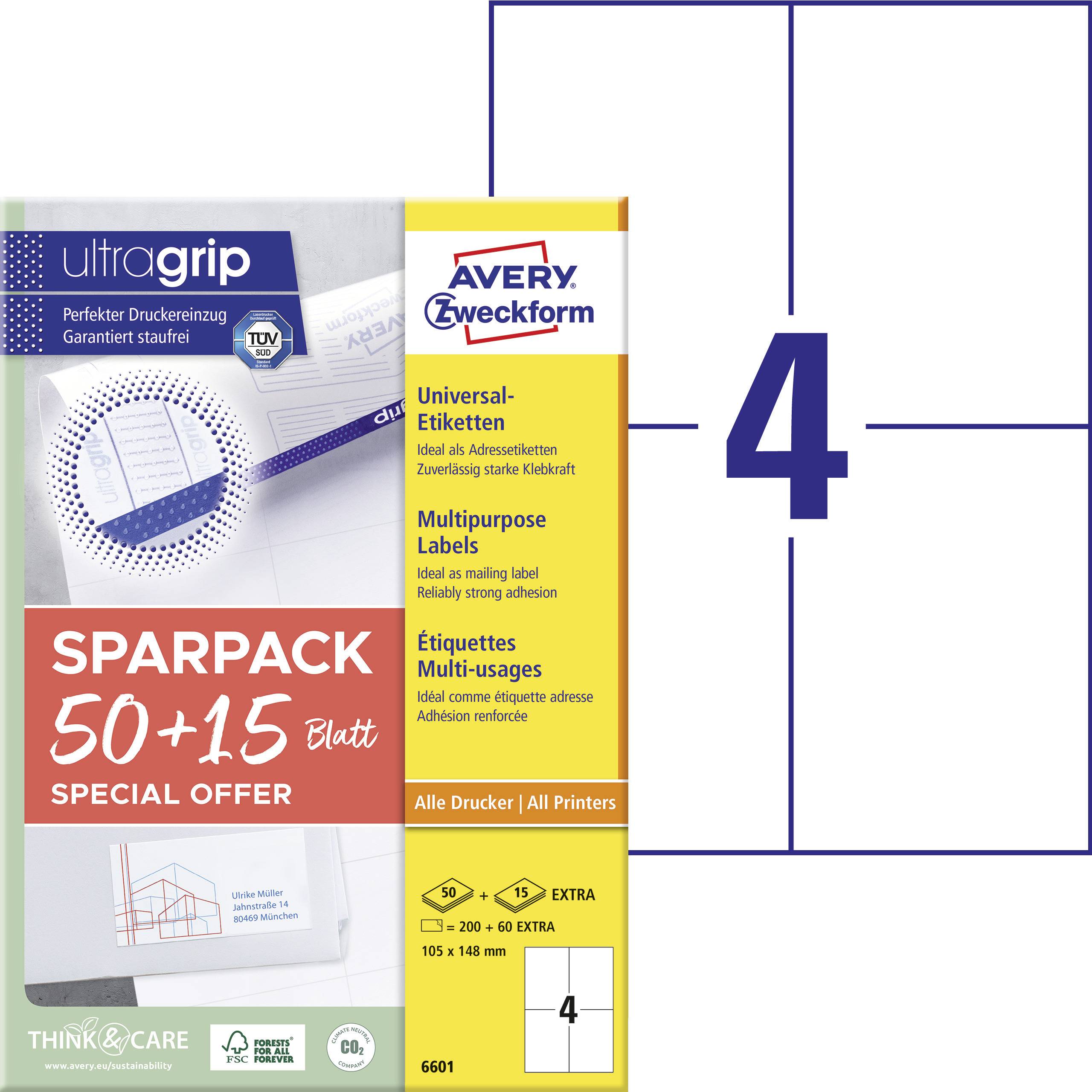 'UltraGrip' Etichette universali Confezione risparmio con 50+15 fogli per tutte le stampanti, formato 105 x 148 mm, Avery Zweckform 6601.