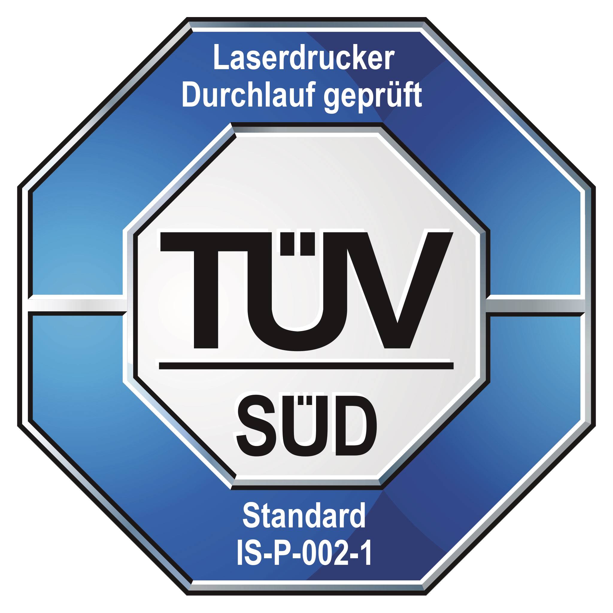 'Marchio di qualità TÜV SÜD: Stampante laser testata durante il passaggio, Standard IS-P-002-1.'