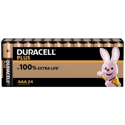 Confezione di batterie Duracell Plus con 24 batterie AAA; scritta: '+100% di Durata Extra'; accanto un coniglio rosa.