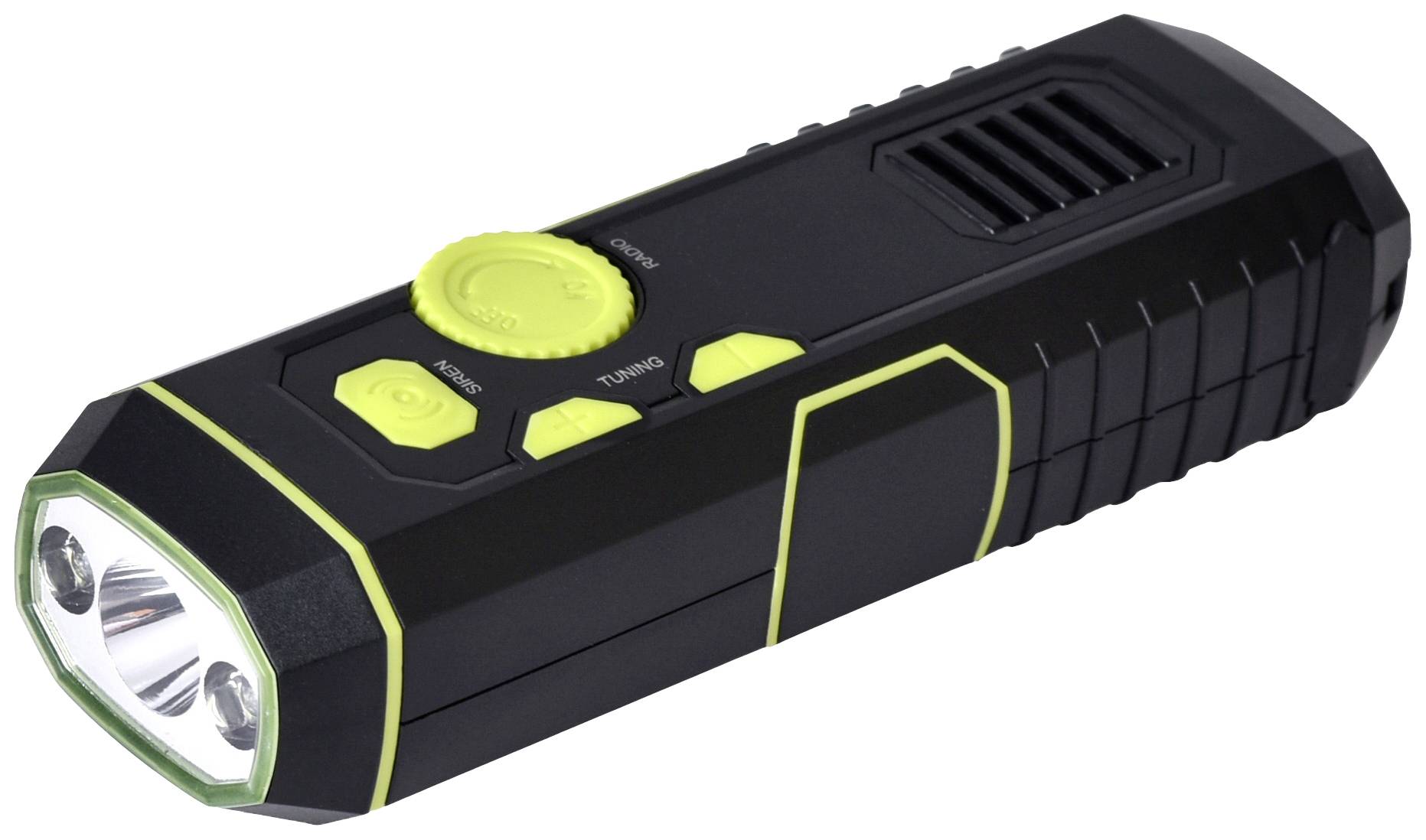 Una torcia nera con bottoni gialli e luci LED, su sfondo bianco.