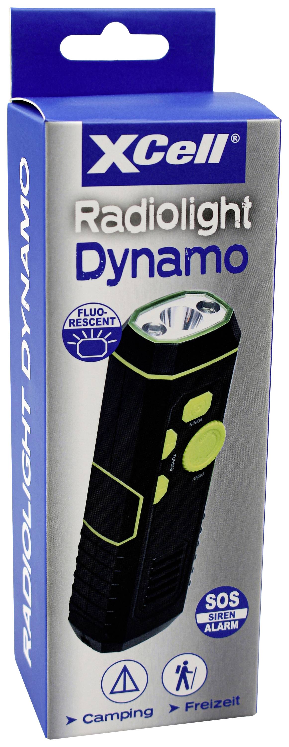 Scatola con torcia elettrica, marchio 'XCell', modello 'Radiolight Dynamo'. Funzioni: fluorescente, sirena SOS. Ideale per campeggio, tempo libero.