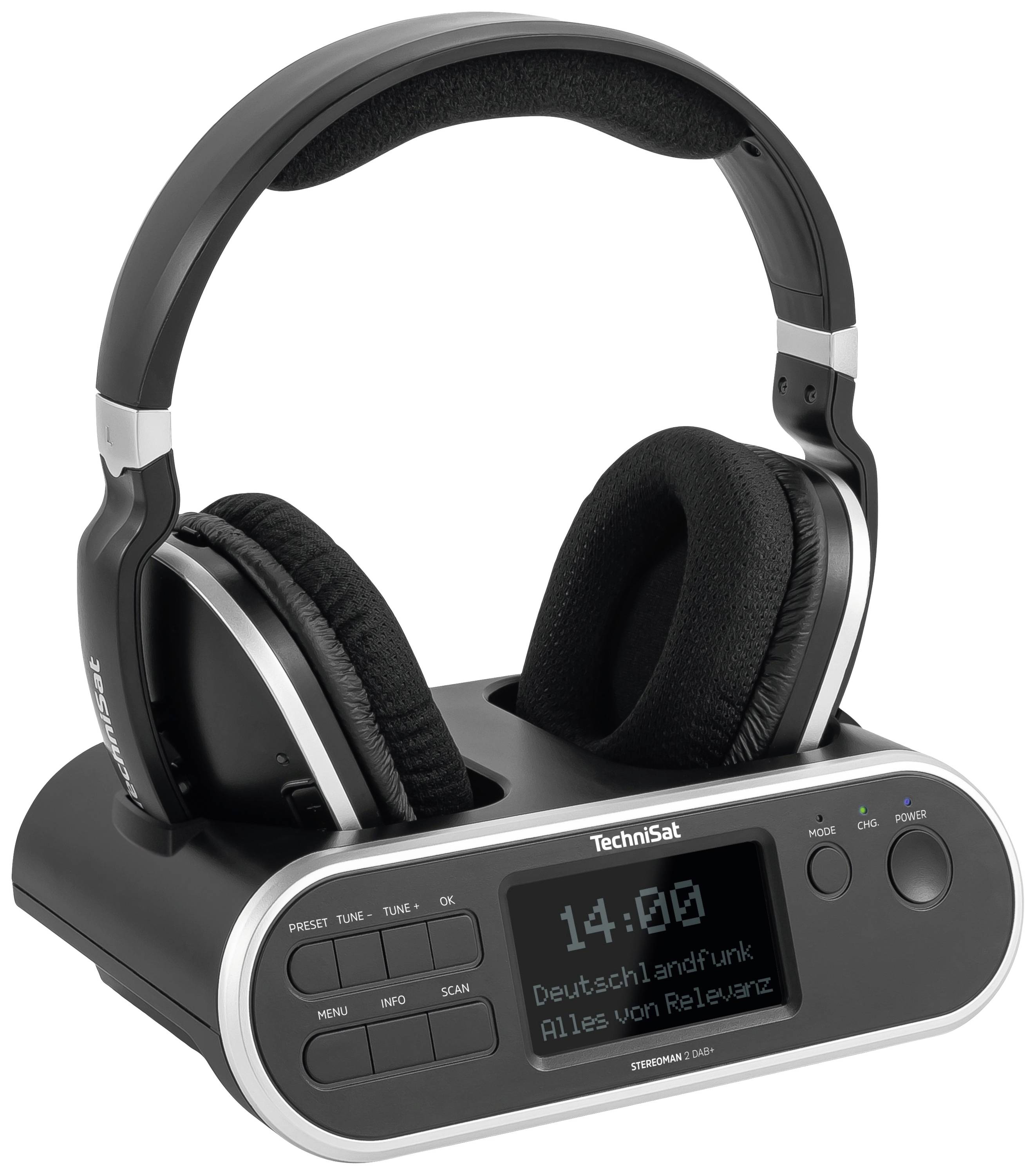 Cuffie wireless con stazione di ricarica. Il display mostra 'Deutschlandfunk Tutto ciò che è rilevante'. Radio digitale in riproduzione.