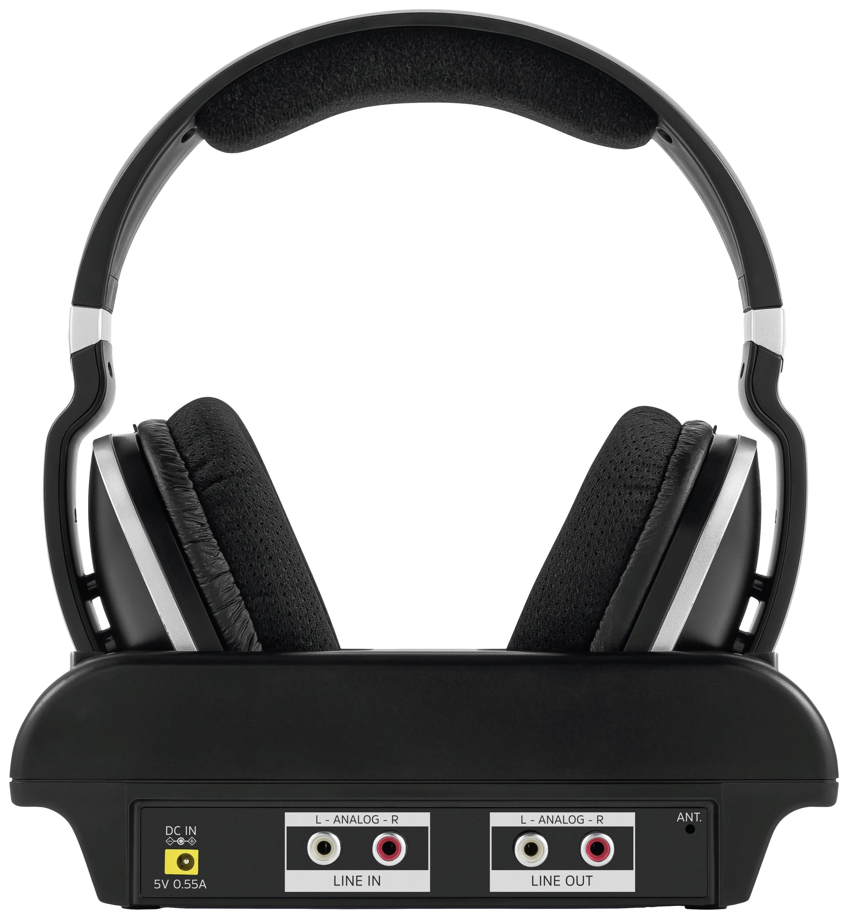Cuffie wireless nere su stazione di ricarica con porte di connessione 'LINE IN/OUT' e 'DC IN' visibili.