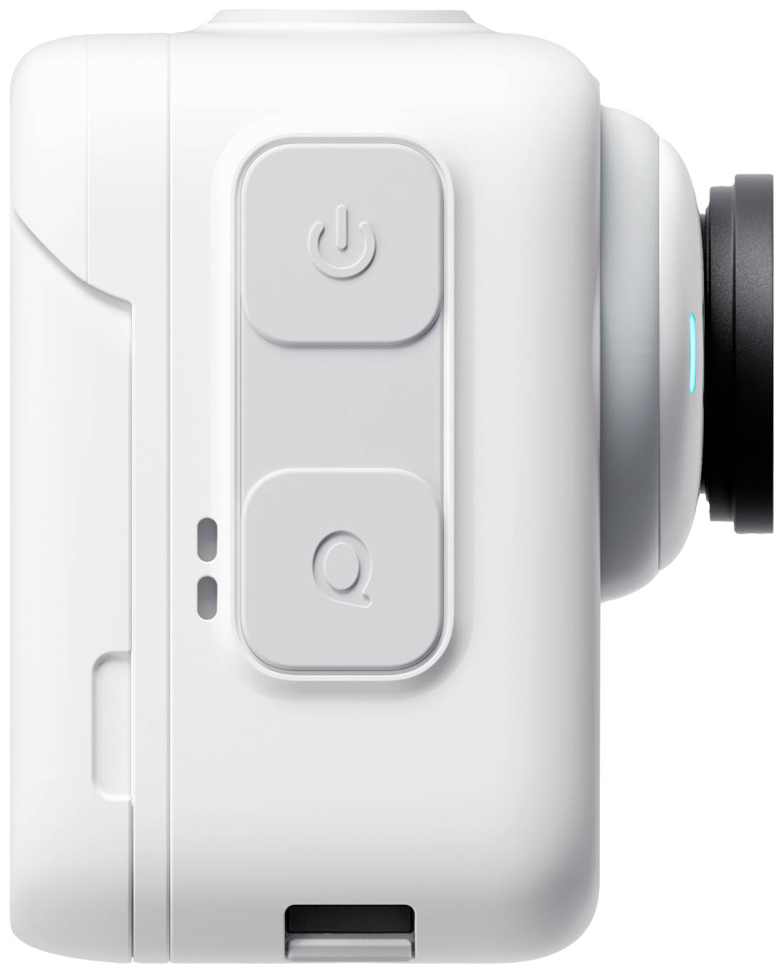 Fotocamera bianca ripresa dal lato, che mostra i tasti di accensione e registrazione.