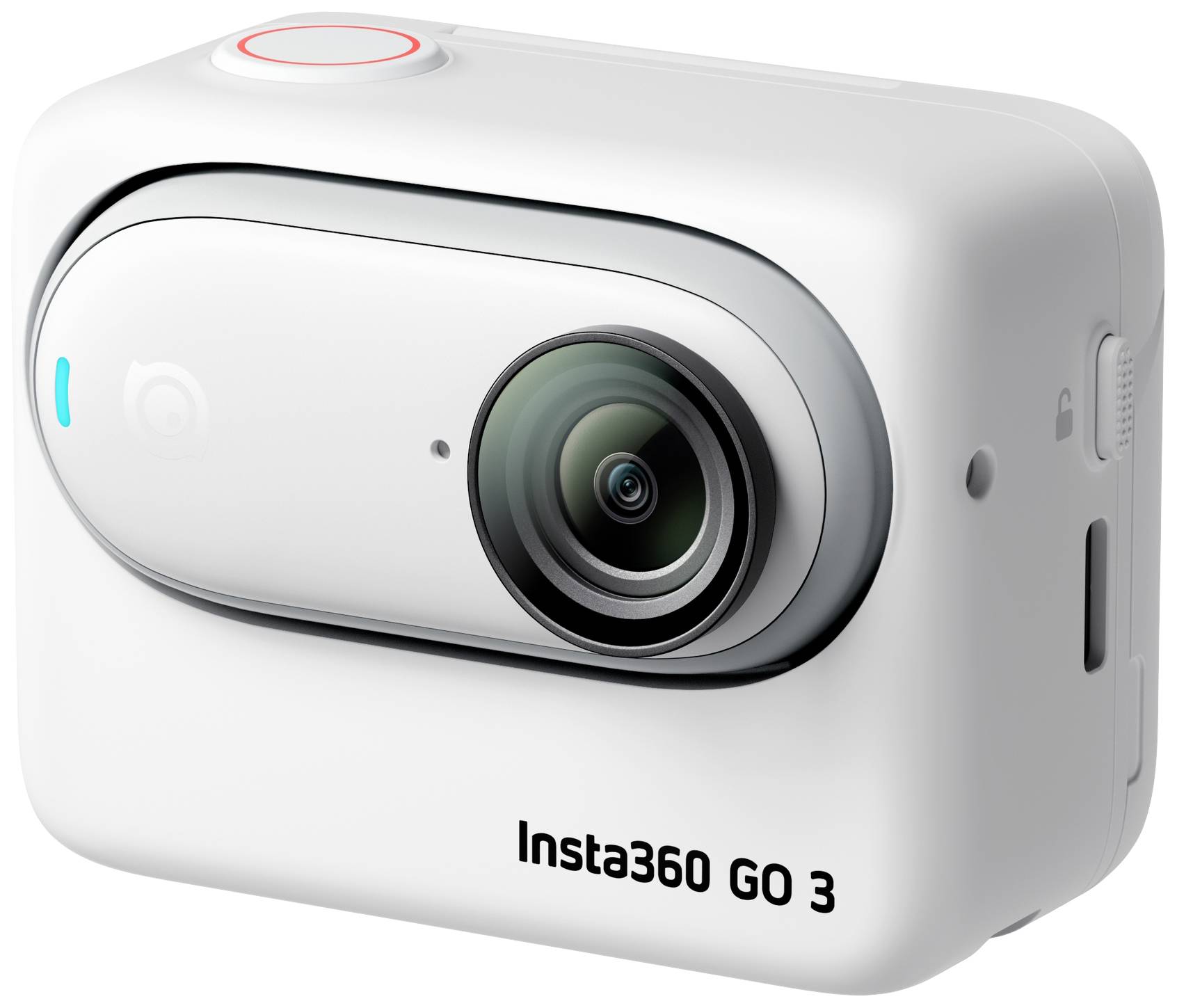 Una fotocamera d'azione bianca con un obiettivo sporgente e la scritta 'Insta360 GO 3', adatta per riprese versatili.