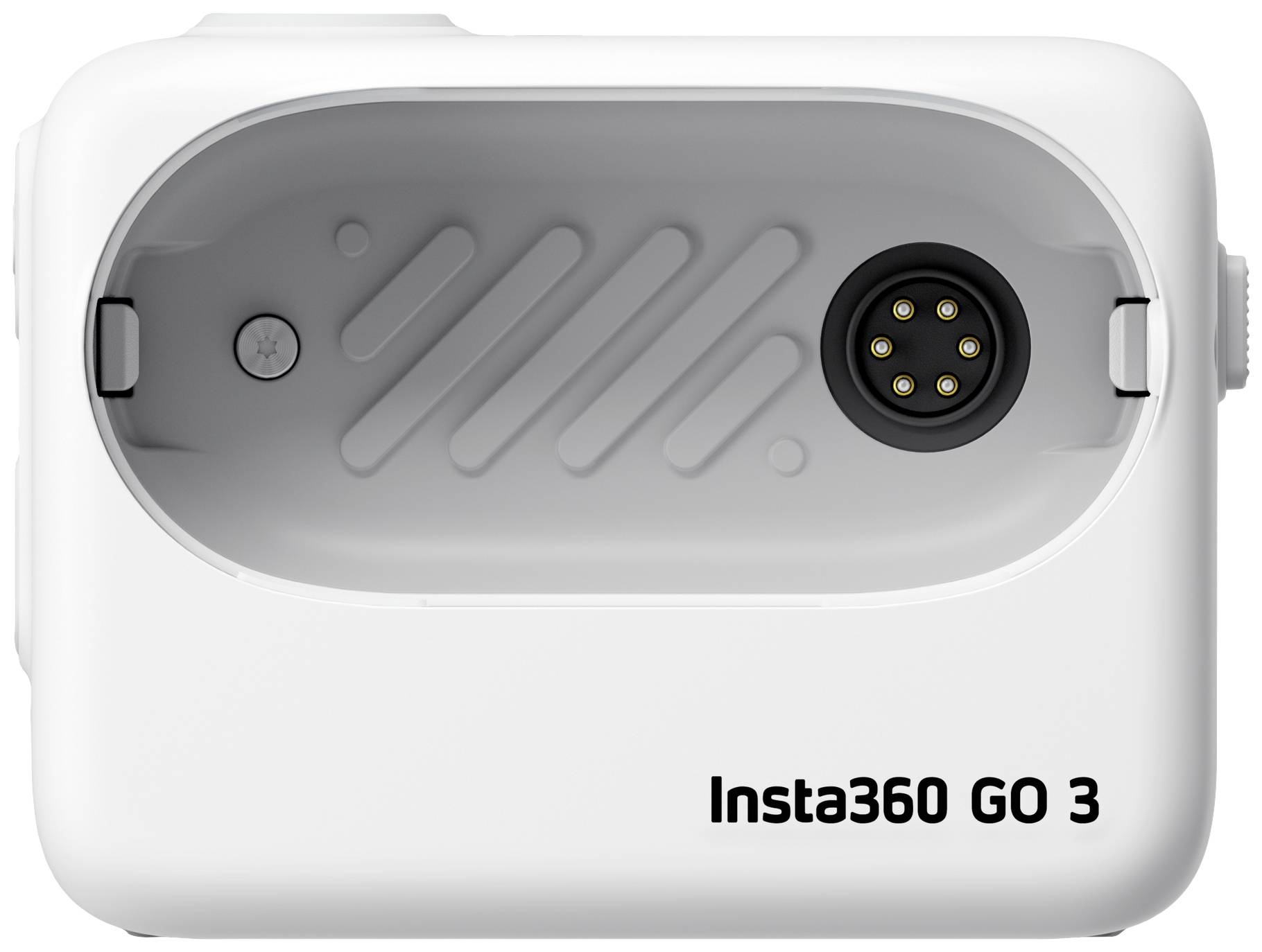 Custodia di ricarica della Insta360 GO 3, una fotocamera portatile, con uno scomparto ovale e cinque pin di ricarica sul lato destro.