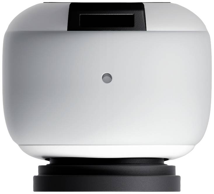 Dispositivo bianco e rotondeggiante con base scura, probabilmente una fotocamera o un sensore. In alto è visibile un'apertura nera.
