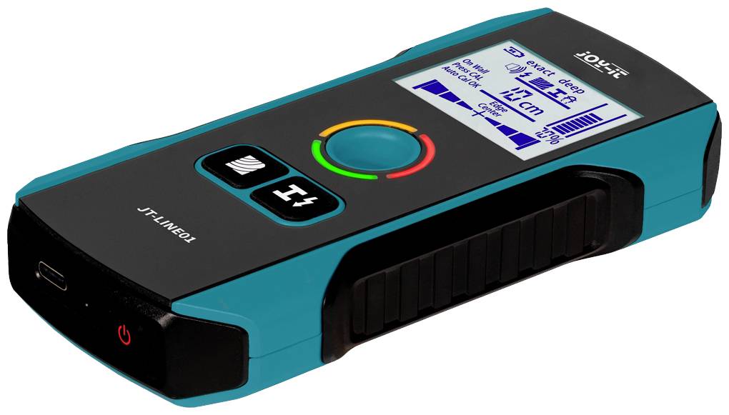 Un rilevatore digitale blu-nero con un display mostra un grafico a barre rappresentante cavi elettrici e oggetti metallici.