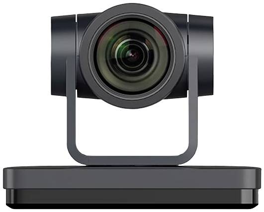 Una webcam nera con un grande obiettivo, montata su una base rettangolare. Ideale per videoconferenze e streaming.