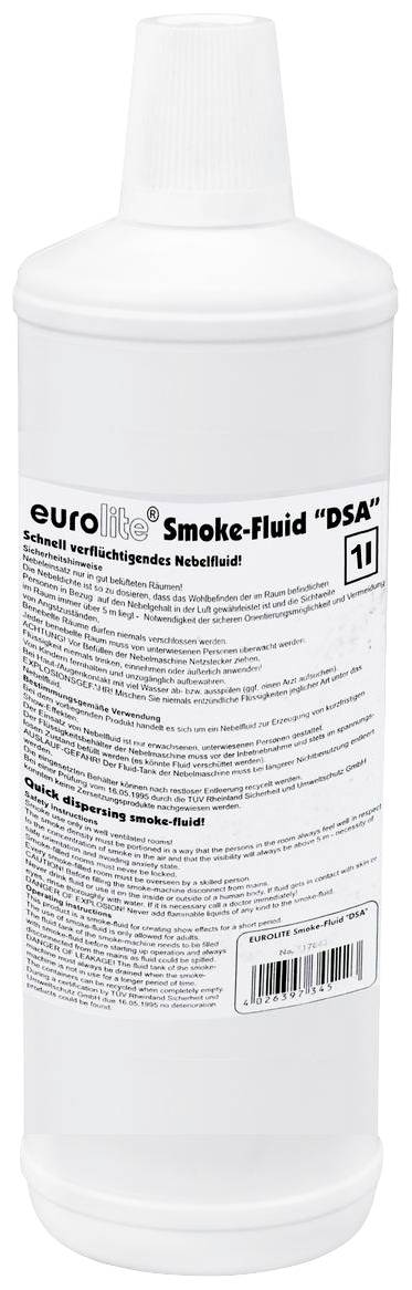 Una bottiglia bianca con l'etichetta 'eurolite Smoke-Fluid DSA'. Contiene liquido per macchine del fumo.