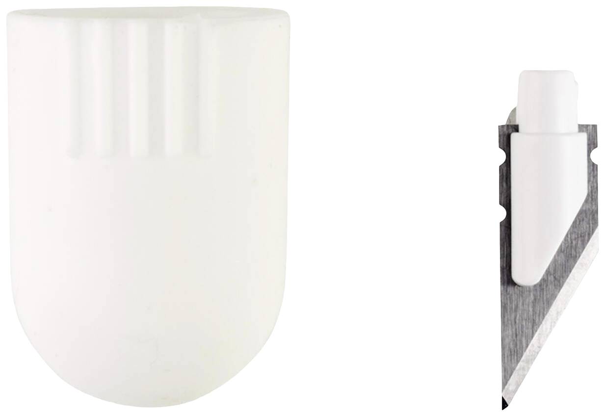 Affilacoltelli in ceramica bianca accanto a un coltello con lama intercambiabile in metallo.