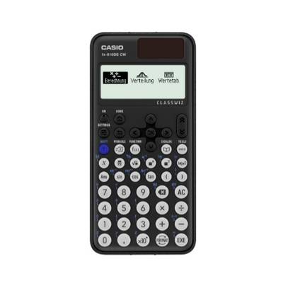 Un calcolatore scientifico CASIO con un display digitale e tastiera, che mostra le opzioni 'Calcolo', 'Distribuzione', 'Tabella valori'.