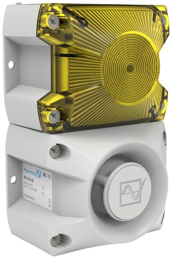 Dispositivo di allarme giallo con luce lampeggiante e sirena, montato su una base in plastica bianca. Adatto per segnali acustici e visivi.