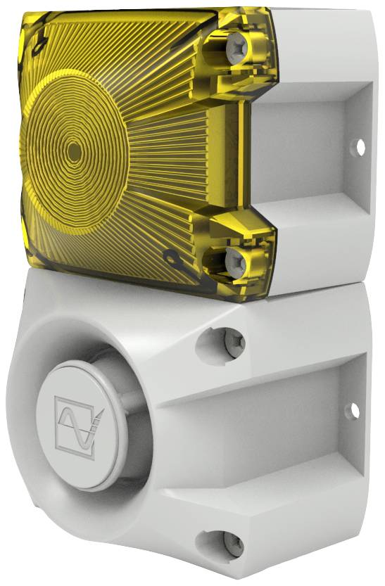 Vista esterna di un sistema di allarme bianco con una luce gialla che scorre in modo circolare, montabile a parete.